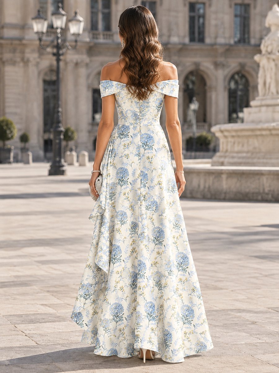 Ivory Off Shoulder Jacquard Floral High-Low Maxi Dress