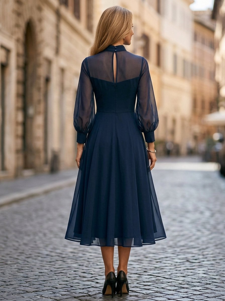 Navy Blue High Neck Puff Sleeve A-Line Tea-Length Midi Dress
