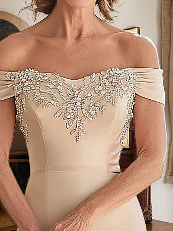 Elegant Champagne Mermaid Off The Shoulder Mother of the Bride Dress with Lace