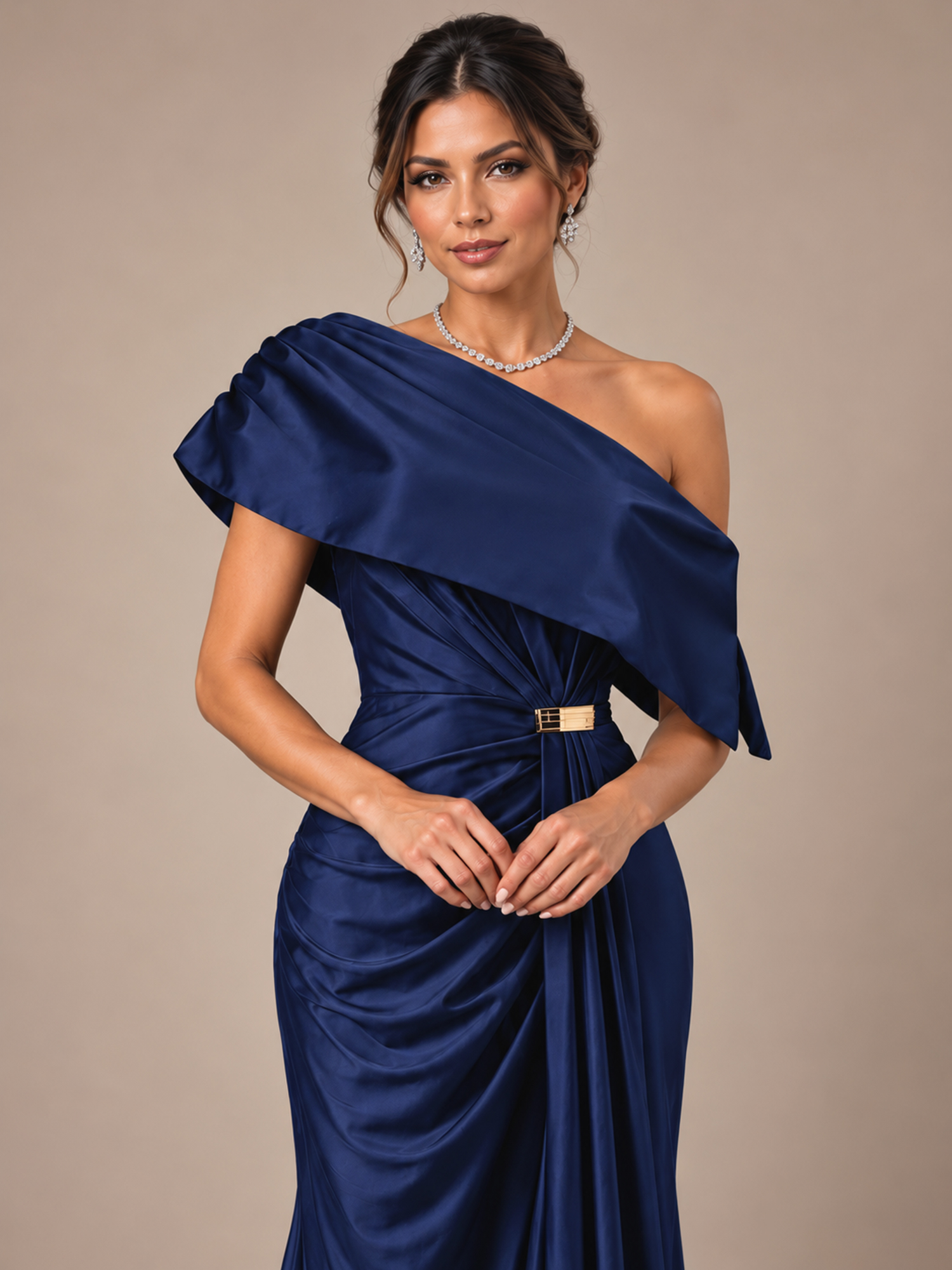Navy Blue One-Shoulder Draped Buckle Mermaid Maxi Dress