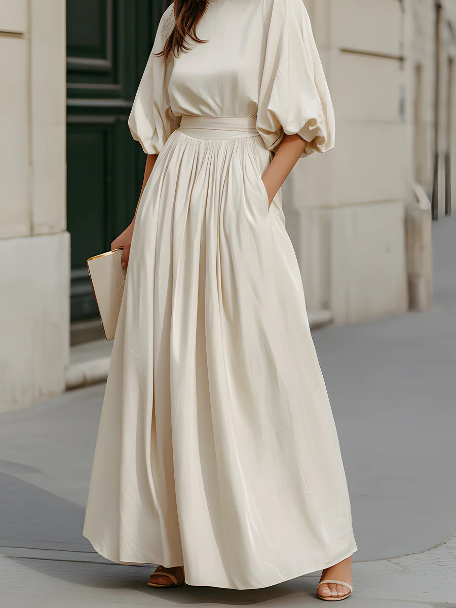 Beige Puff Sleeve High Waist Pleated Maxi Dress