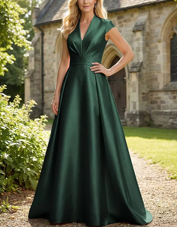 V-Neck Cap Sleeve High Waist Satin Maxi Dress