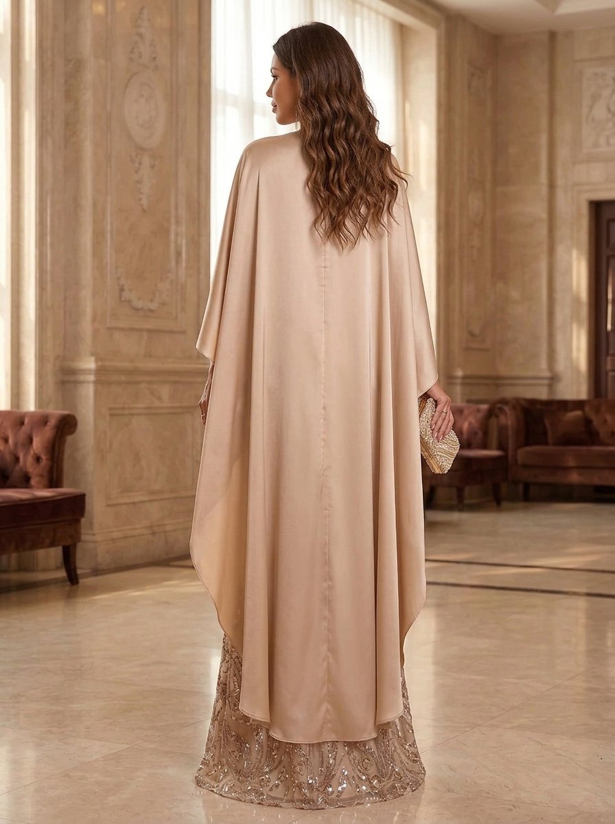 Champagne Sequin Satin Cape Mermaid Maxi Dress