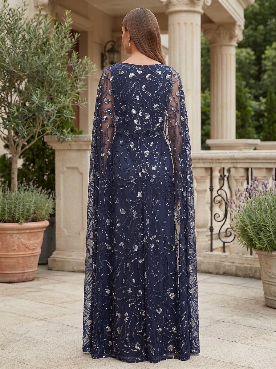 Navy Blue Sequin Embroidered Mesh Cape Mermaid Maxi Dress