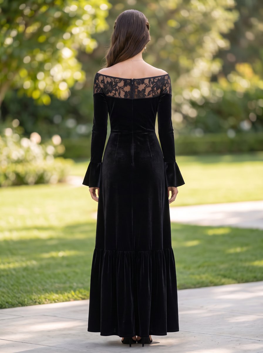 Black Velvet Off Shoulder Lace Flared Sleeve Ruffle Maxi Dress