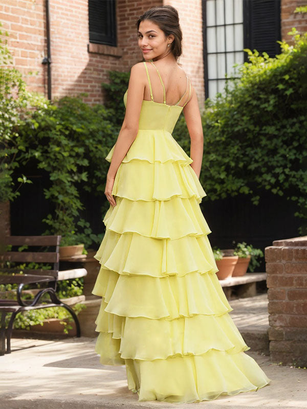 Yellow A Line V-Neck Ruffled Tiered Chiffon Prom Dress with Slit