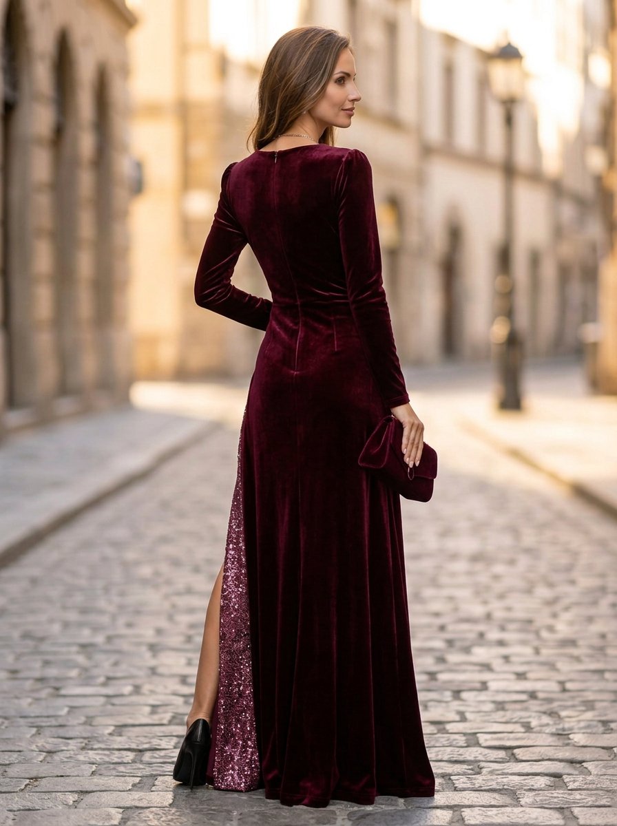 Burgundy Velvet V-Neck Long Sleeve Sequin Slit Maxi Dress