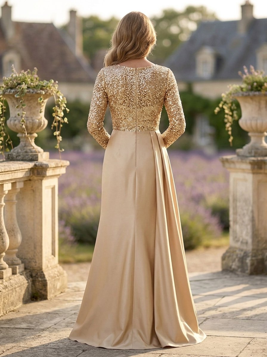 Champagne Sequin Long Sleeve Satin Train Maxi Dress