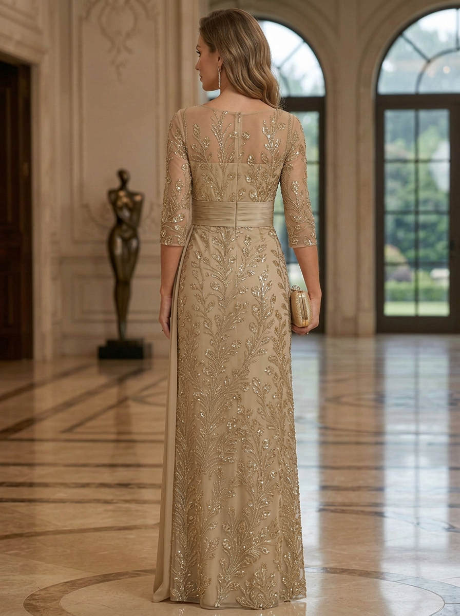 Champagne Sequin Round Neck 3/4 Sleeve Satin Belt Maxi Dress
