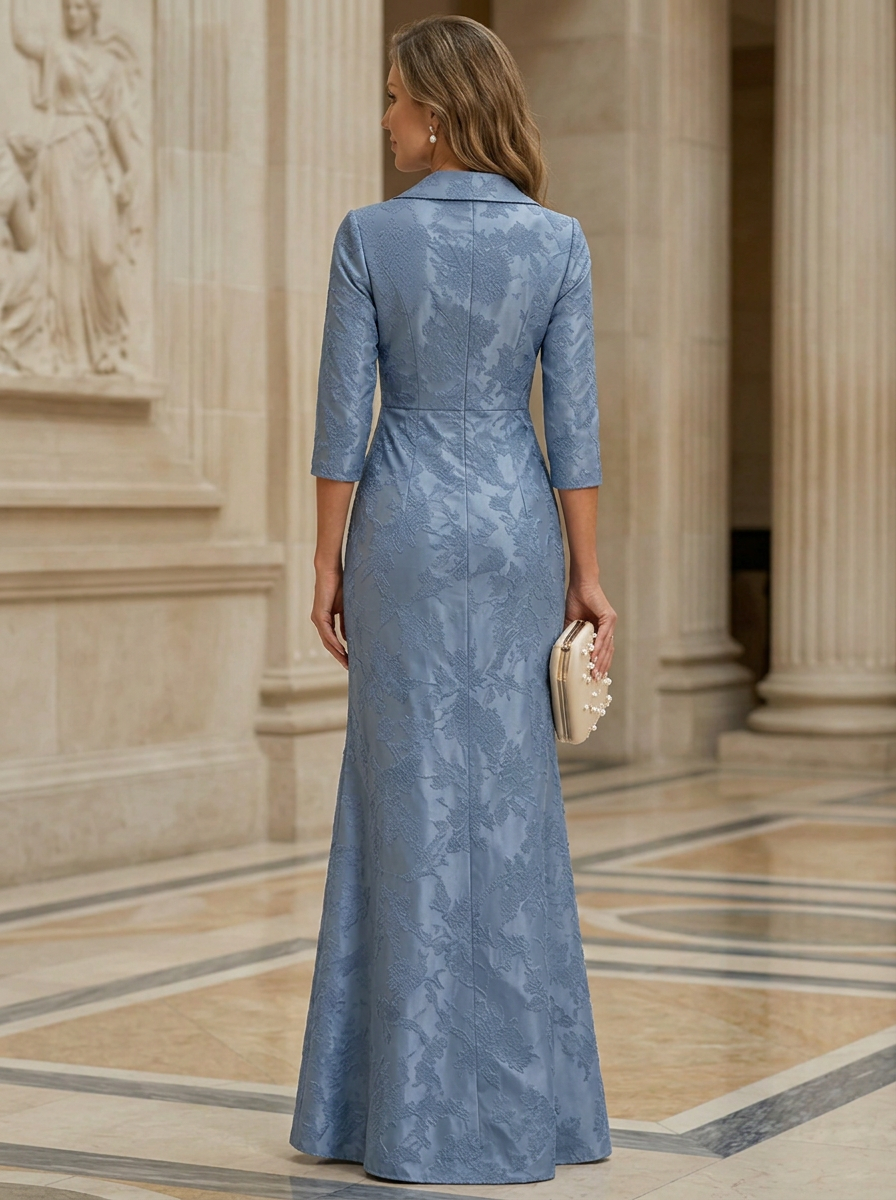 Dusty Blue Jacquard V-Neck 3/4 Sleeve A-Line Maxi Dress