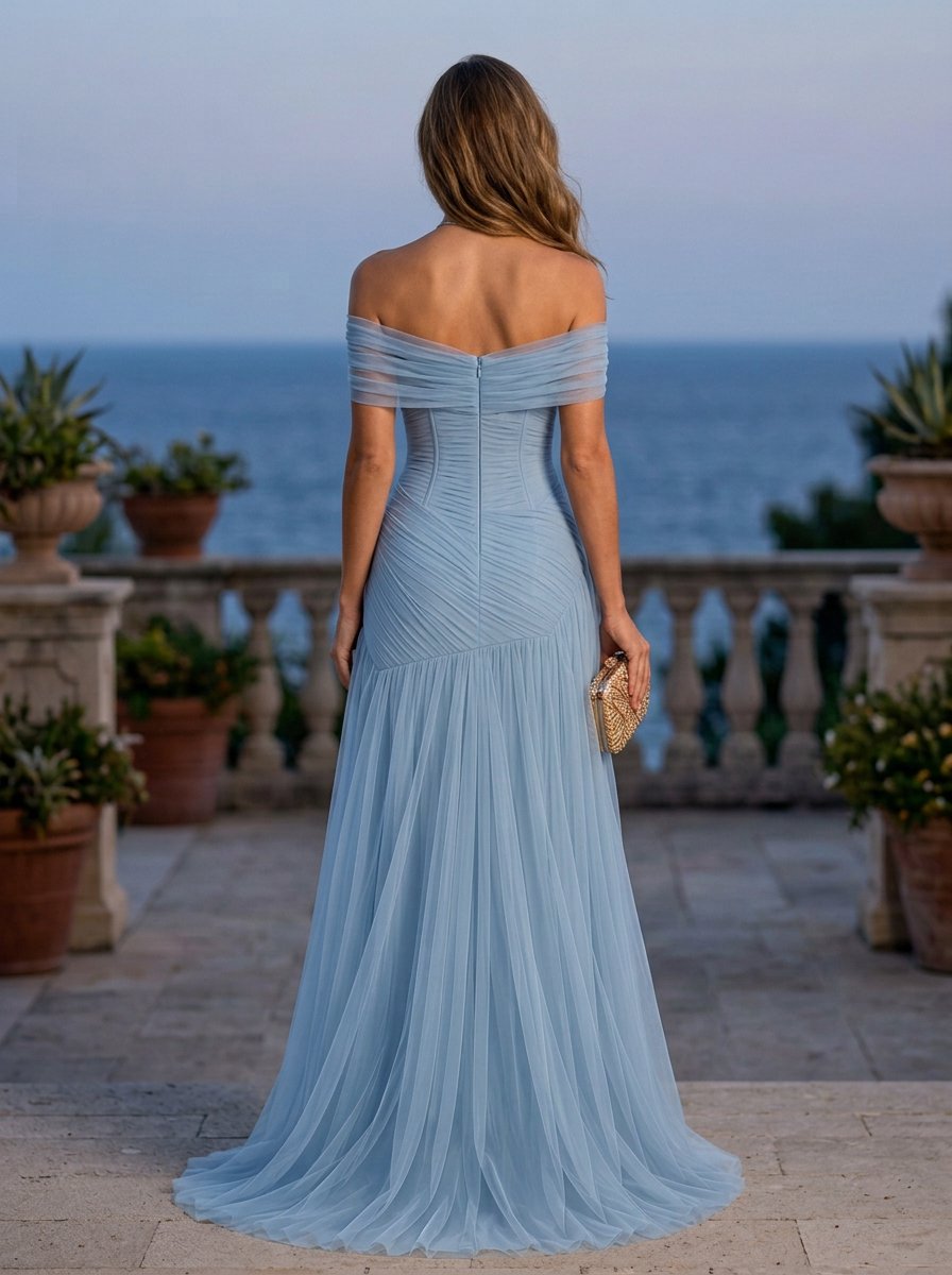 Light Blue Chiffon Off Shoulder Pleated A-Line Maxi Dress