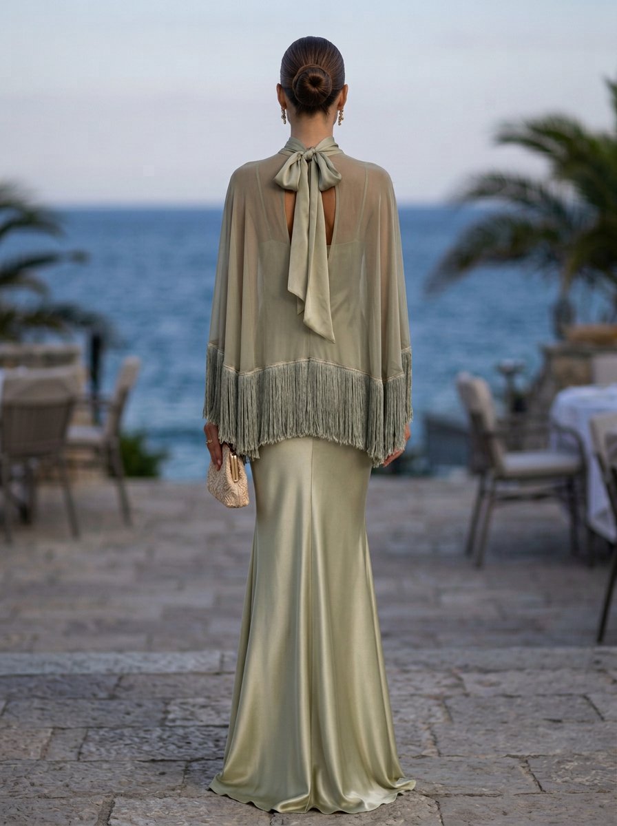 Olive Green High Neck Mesh Fringe Satin Mermaid Maxi Dress