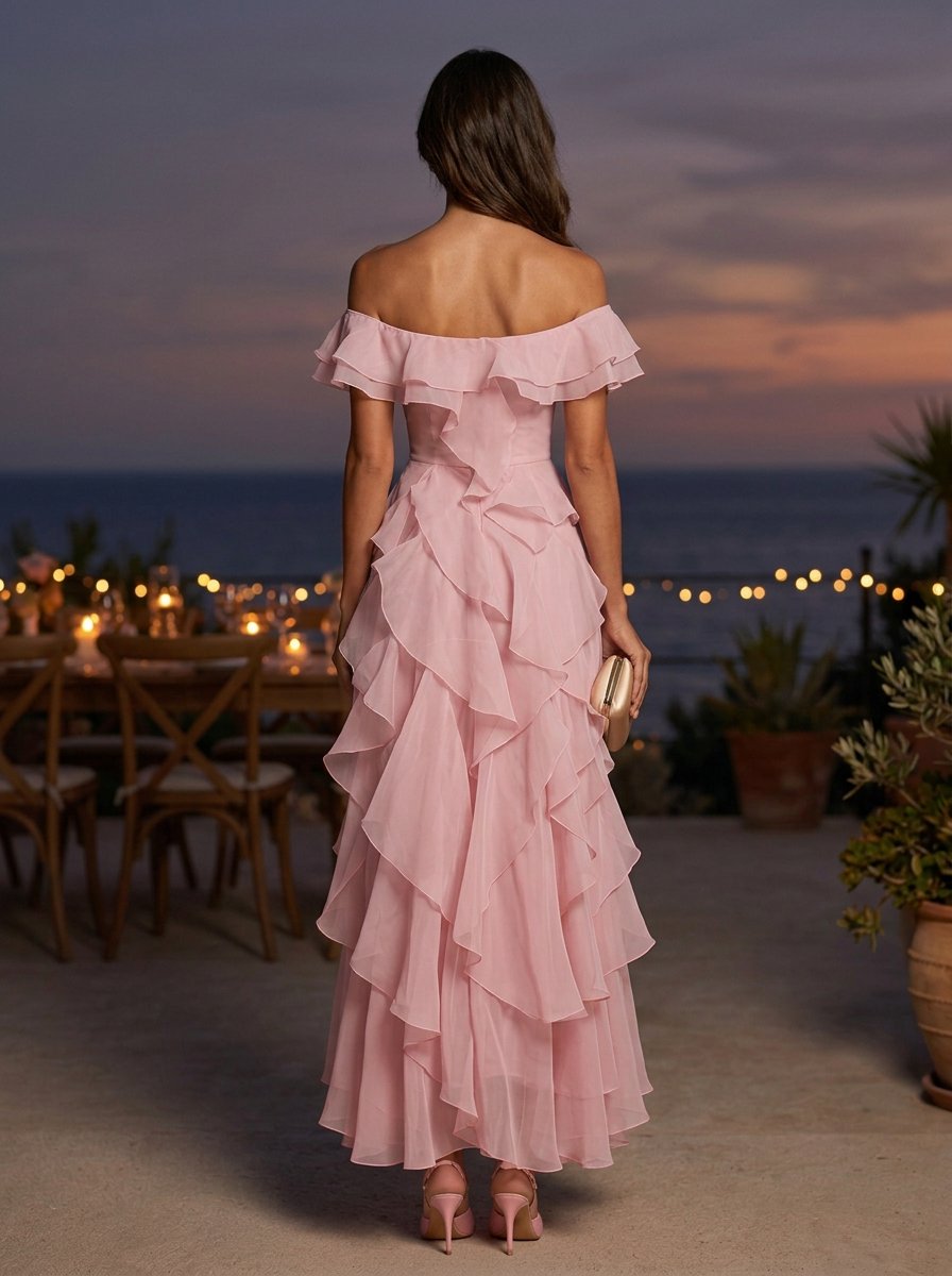 Pink Chiffon Off Shoulder Ruffle A-Line Maxi Dress