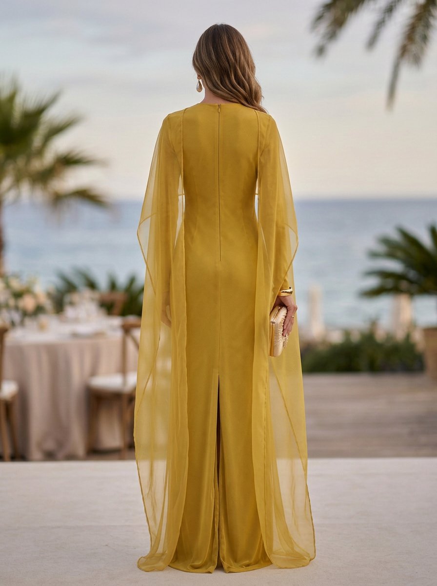 Mustard Yellow Mesh Long Sleeve Sheer Cape Slit Maxi Dress