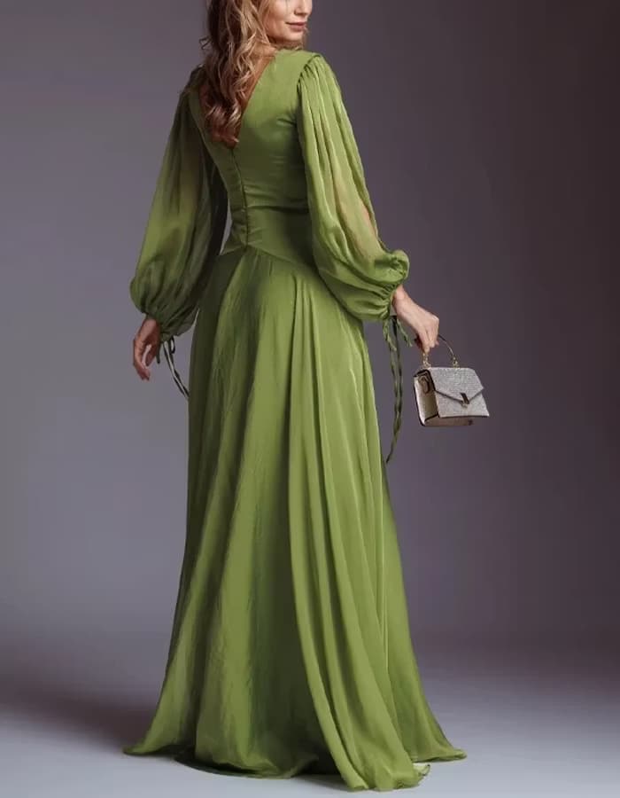 Elegant Chiffon Solid Color Long Slit Puff Sleeve Maxi Dress
