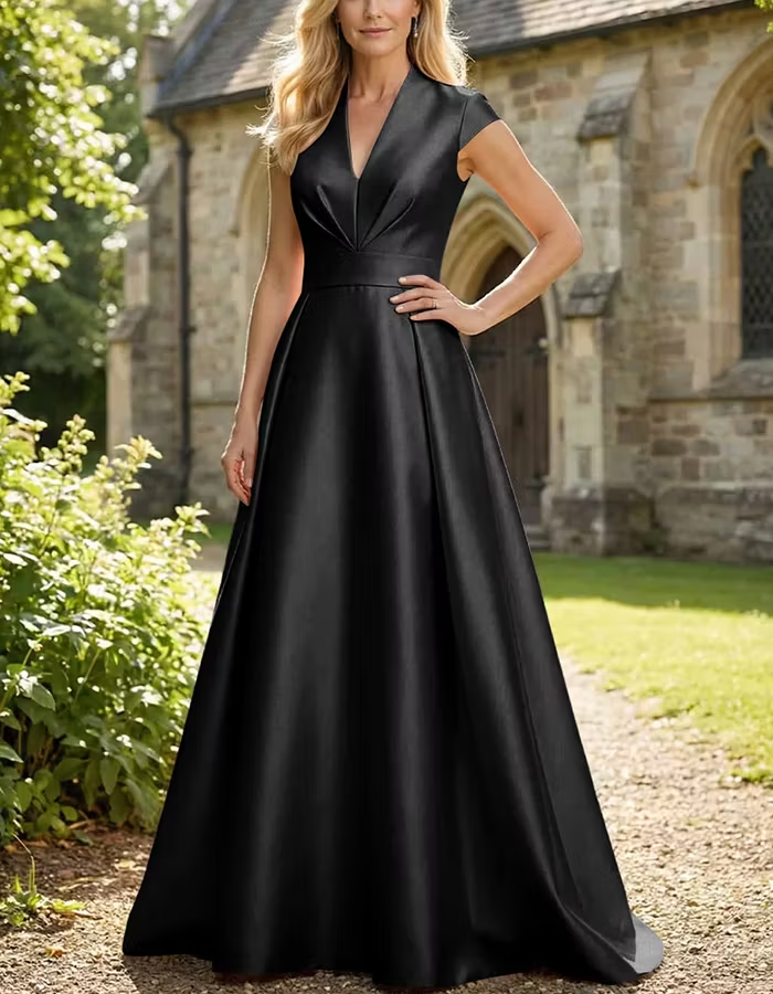 V-Neck Cap Sleeve High Waist Satin Maxi Dress