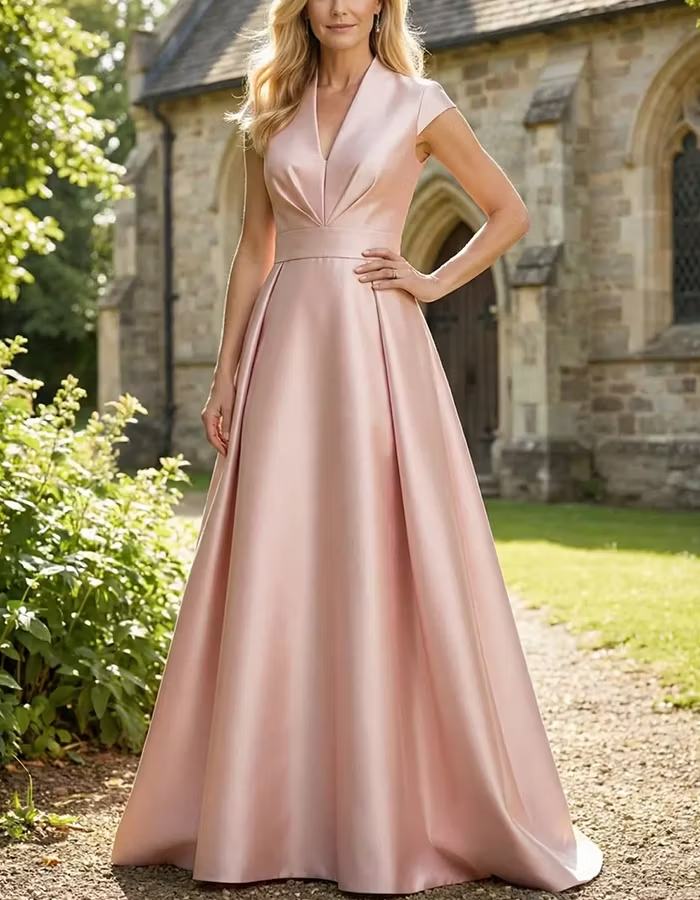 V-Neck Cap Sleeve High Waist Satin Maxi Dress