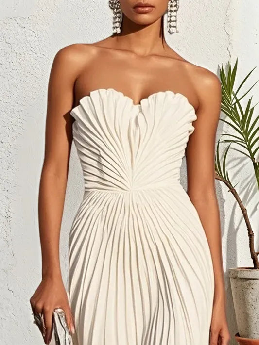 white pleated classic strapless sleeveless a line maxi dress White Pleated Satin Strapless Sleeveless A-Line Maxi Dress