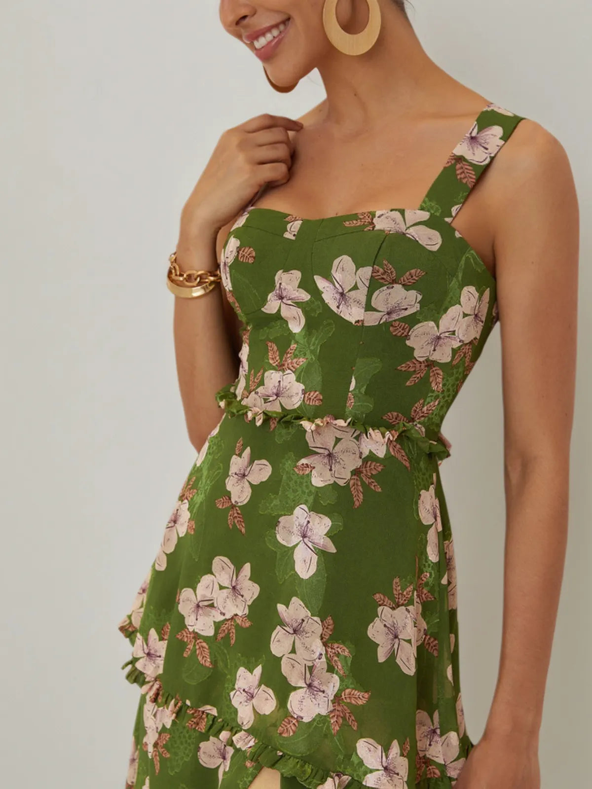 Green Jacquard Classic Spaghetti Chiffon Floral Sleeveless A-Line Maxi Dress