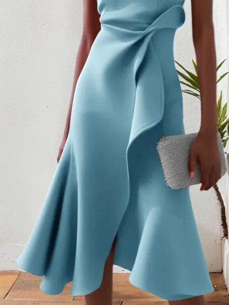 Light Blue Waist Twist Ruffled Sleeveless A-Line Midi Dress
