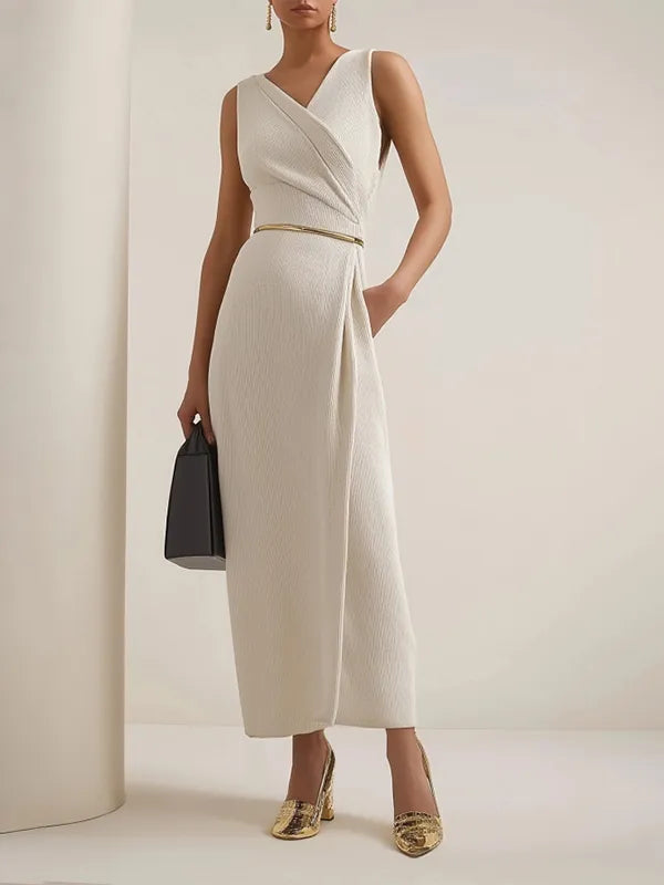 Work Semi-Formal Dress Beige V-Neck Sleeveless Pocketed Maxi Dress