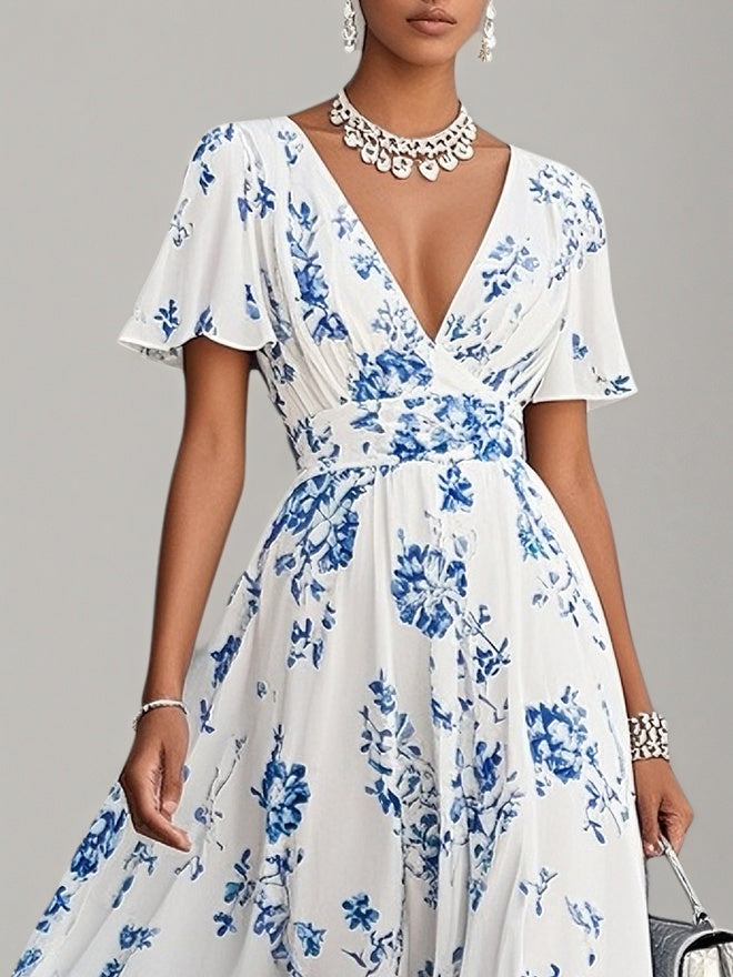 Blue Floral Chiffon V Neck Short Sleeve A Line Maxi Dress