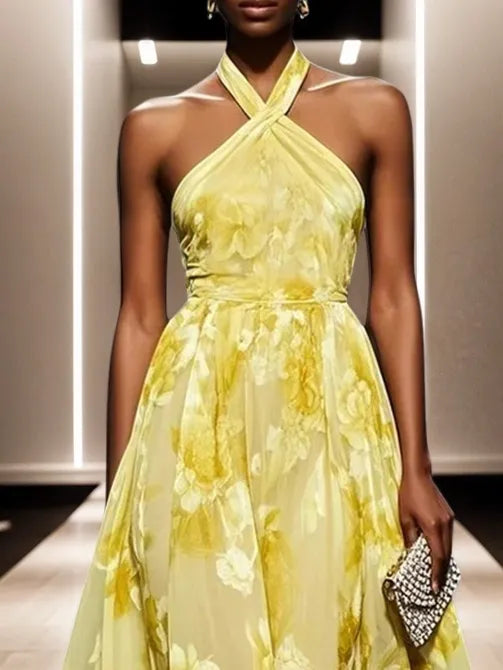 Yellow Floral Chiffon Halter Sleeveless A-Line Midi Dress