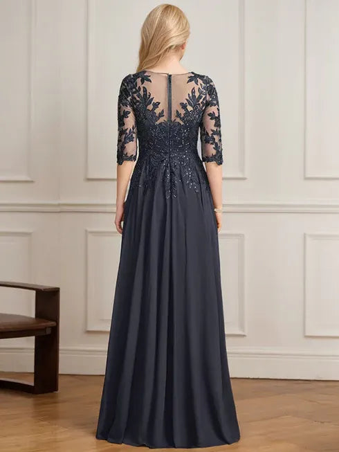 A-line V-Neck Floor-Length Lace Chiffon Mother of the Bride Dress With Pleated Sequins