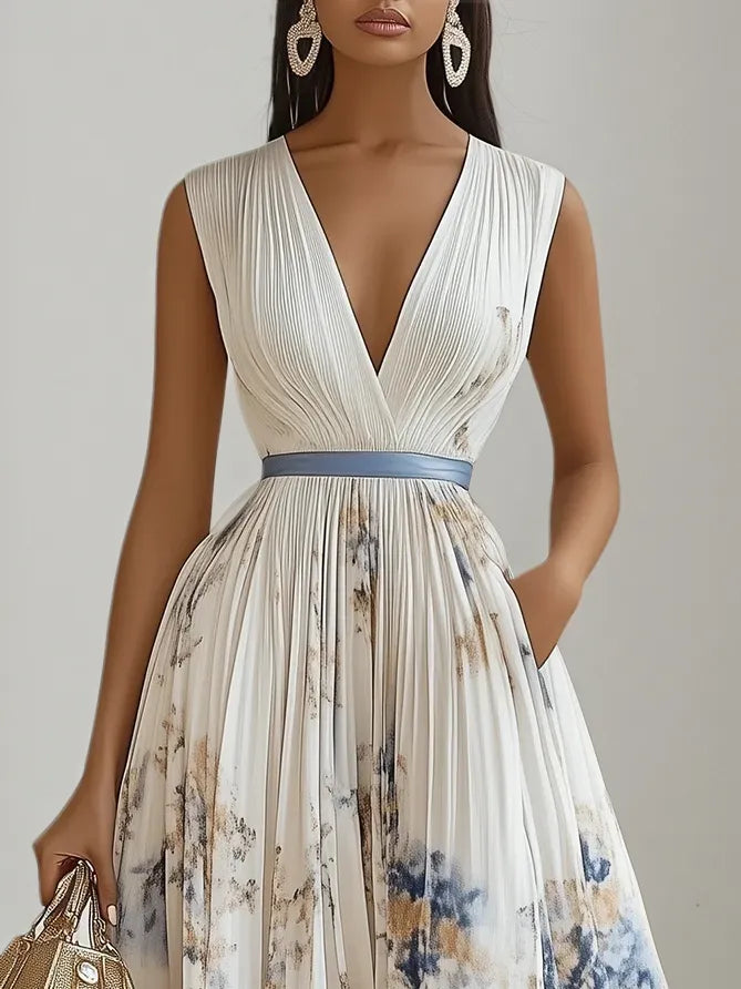 White Pleated Floral Chiffon V Neck Sleeveless A-Line Midi Dress