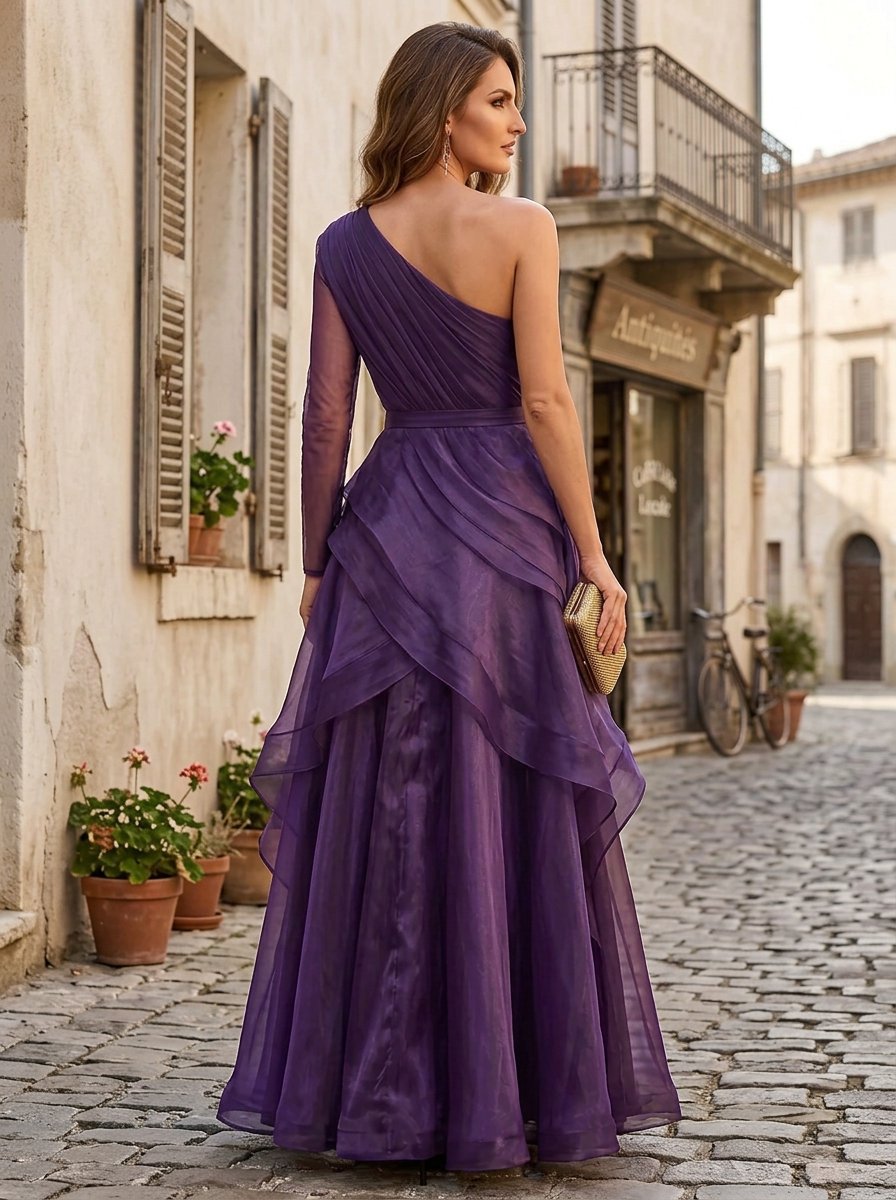 Plum One Shoulder Sheer Sleeve Layered Maxi Dress