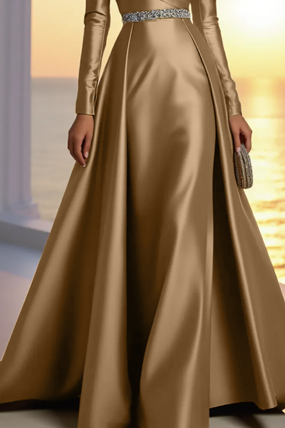 Formal Gold Satin Dress Off The Shoulder Long Sleeve Maxi Gown