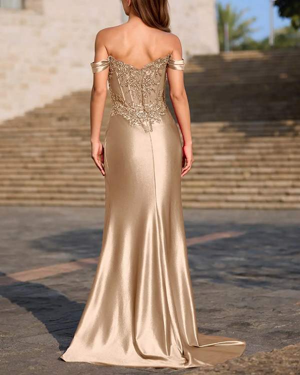 Gold Off-The-Shoulder Beaded Lace Satin High Slit Gown
