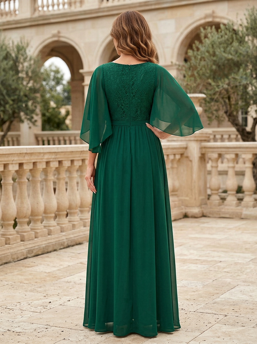 Emerald Green Lace Insert Chiffon Midi Dress