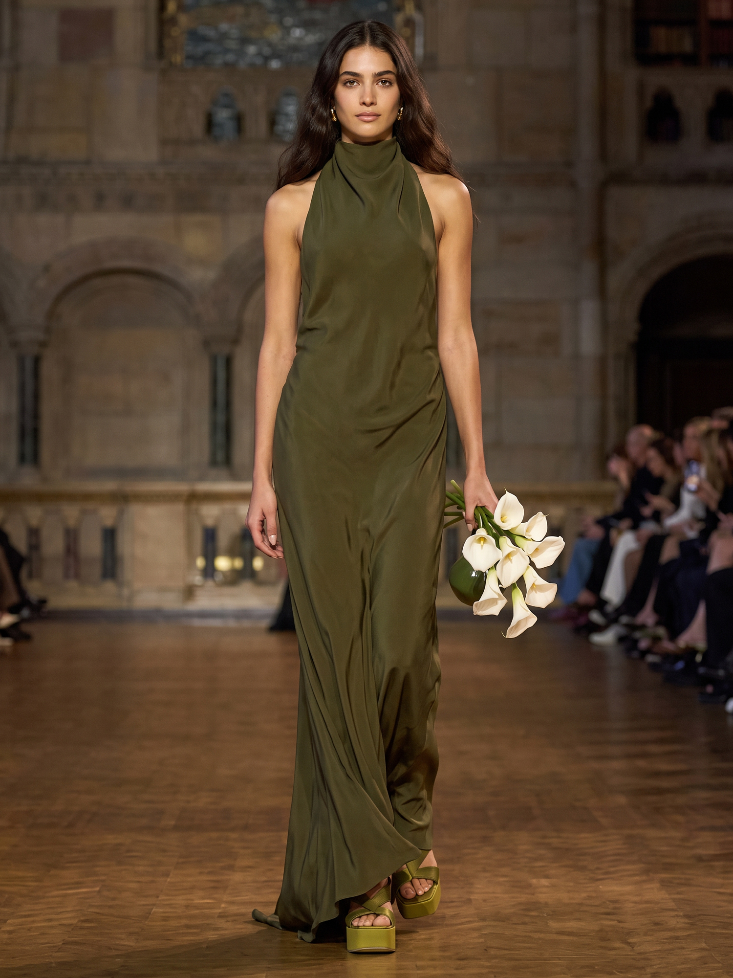 Olive Green High Halter Sleeveless Backless Maxi Dress