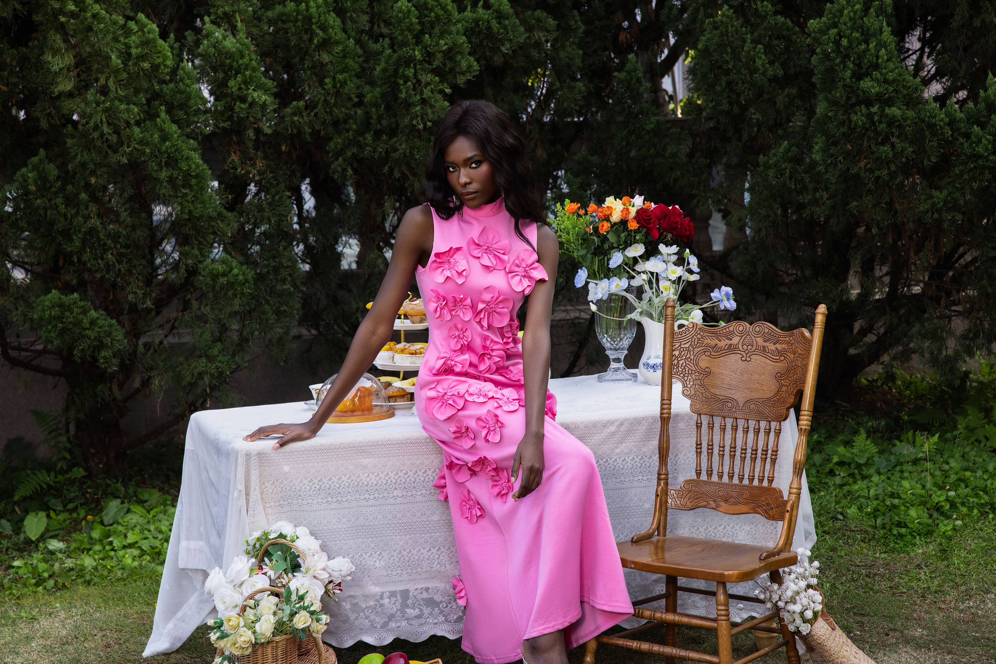 3D Floral High Neck Sleeveless Maxi Dress