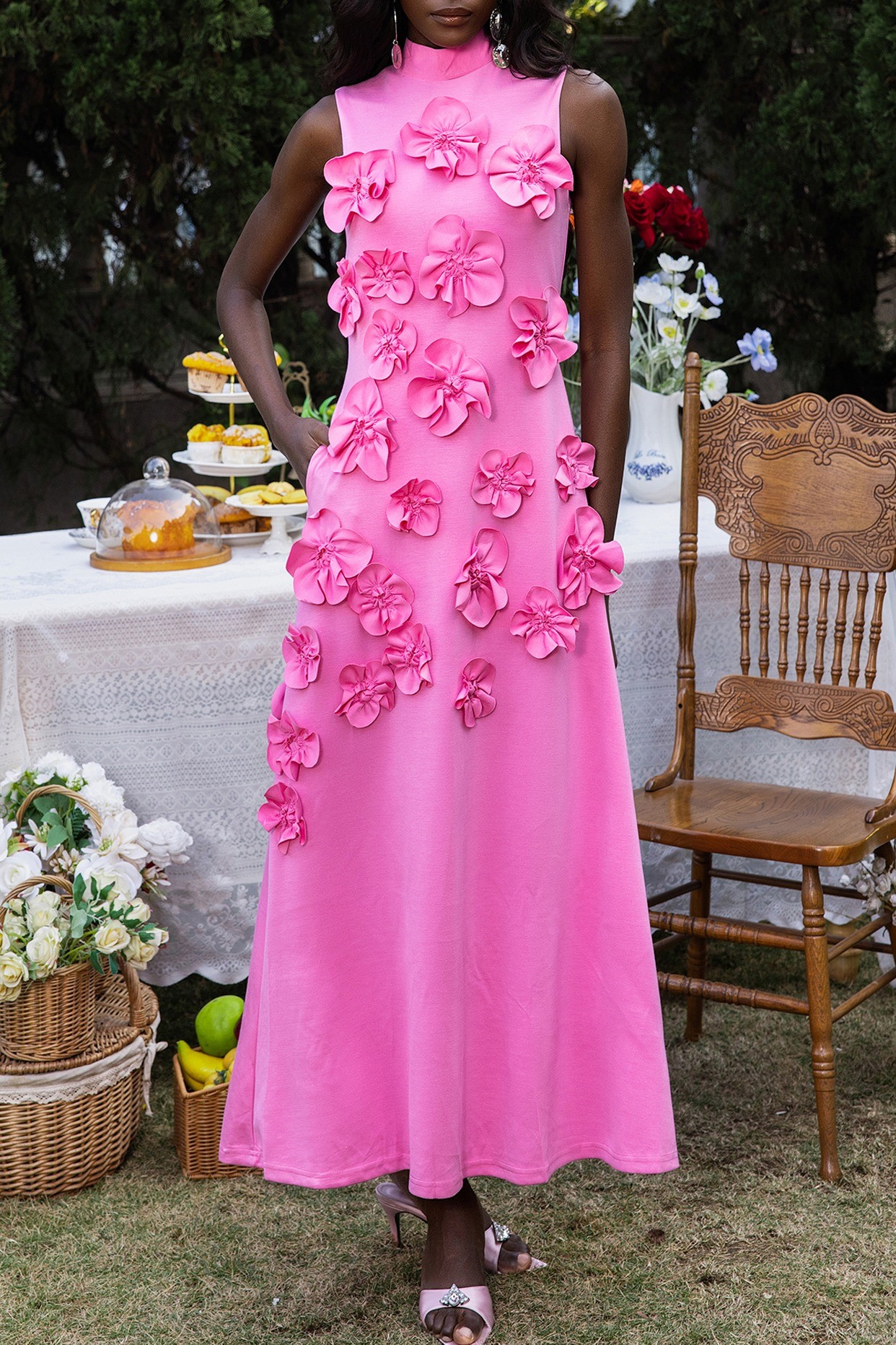 3D Floral High Neck Sleeveless Maxi Dress