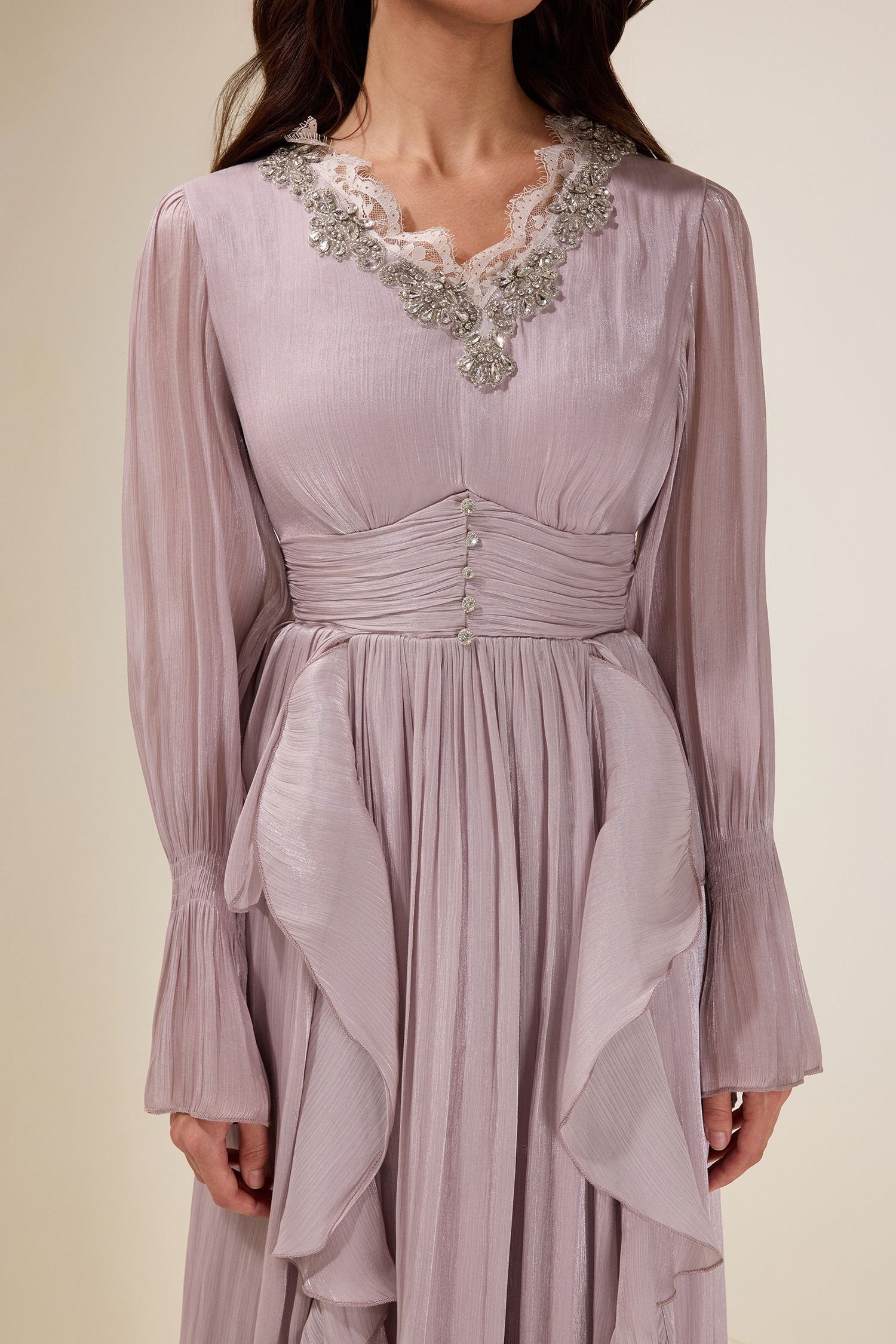 Purple Nail Bead Embroidery Frill Lace Midi Dress