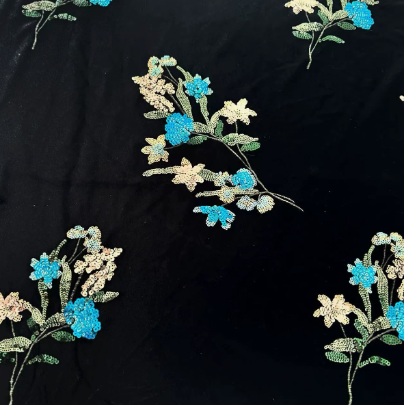 Black Embroidered Floral Velvet Long-Sleeve Mermaid Floor-Length Gown Dress
