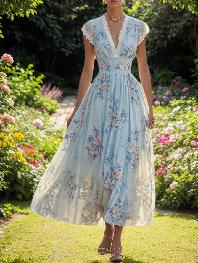 Light Blue Imitation Pearls Floral V Neck A-Line Maxi Chiffon Dress