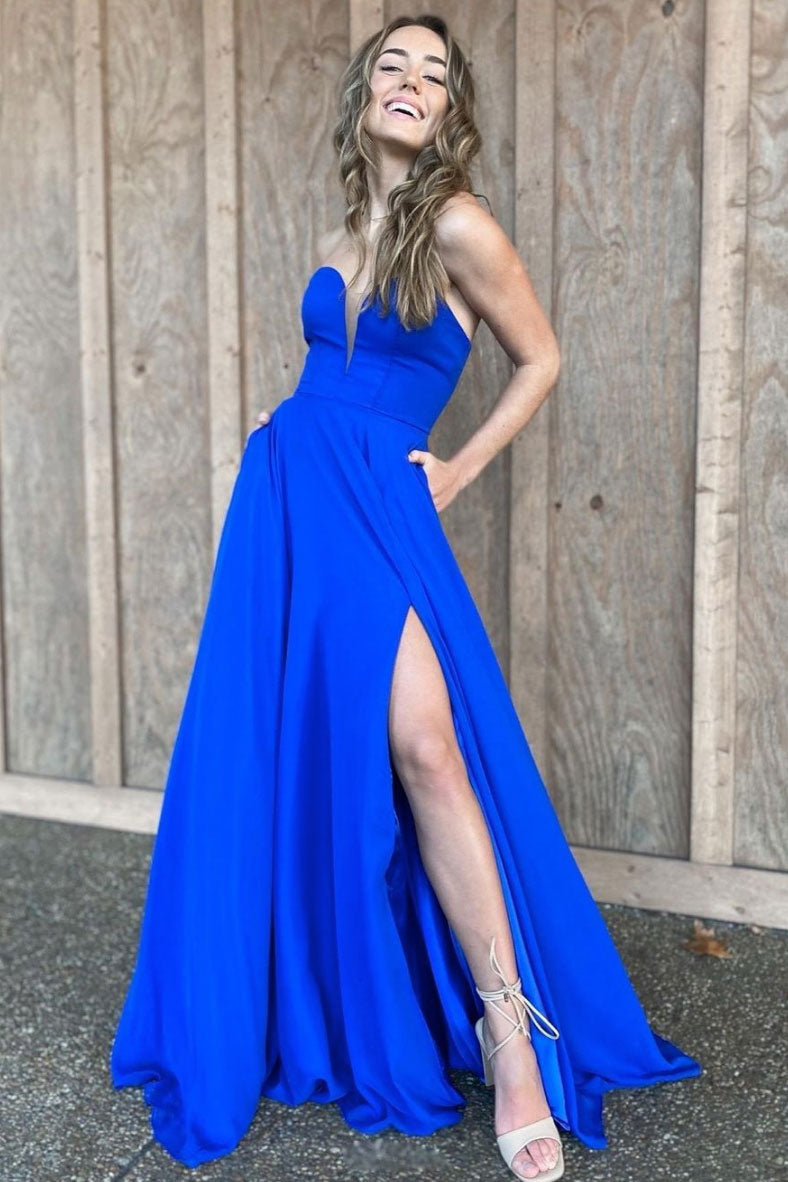 Blue A Line Strapless V Neck Long Prom Dress with Slit