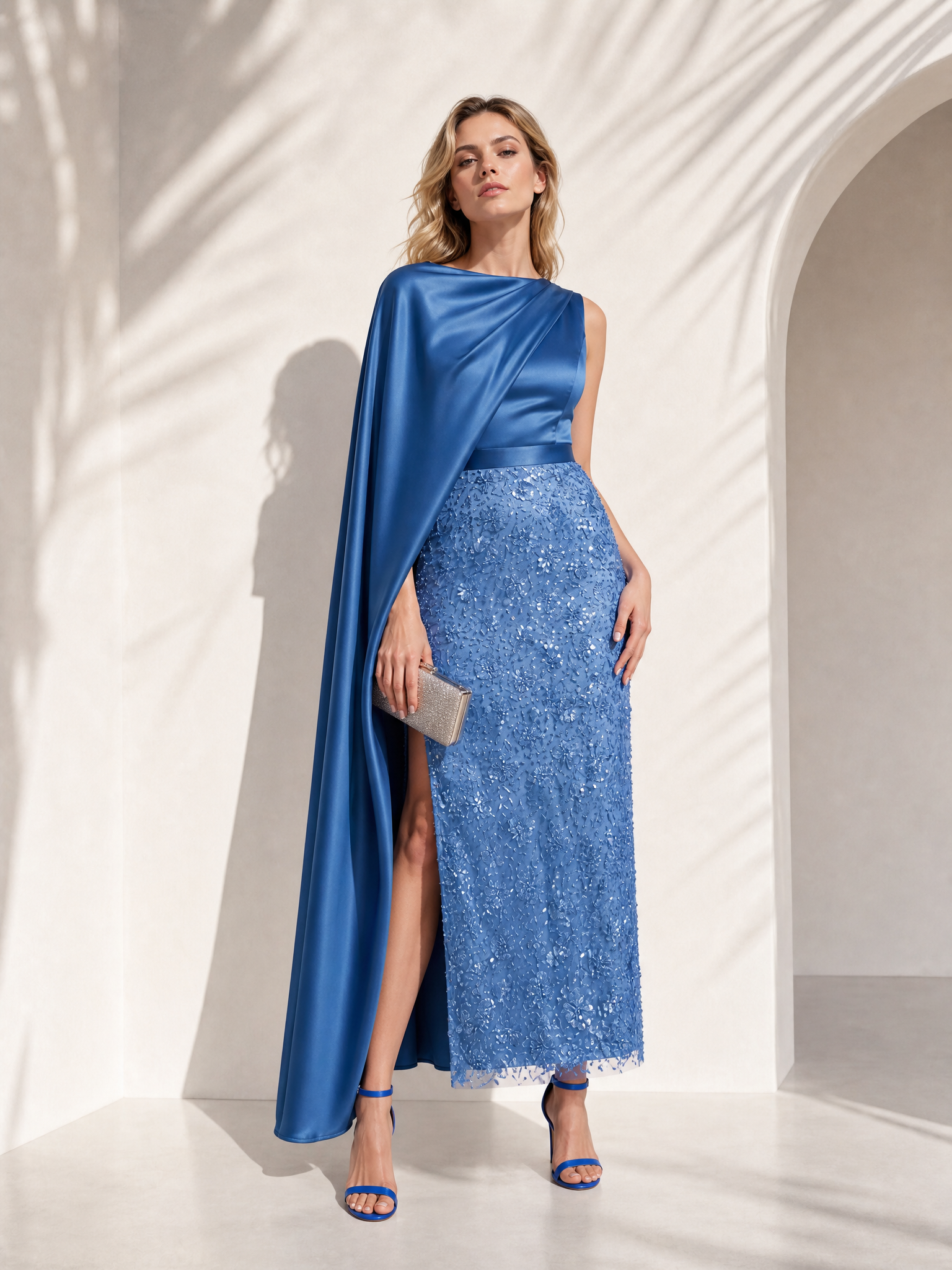 Royal Blue Asymmetrical Cape One Shoulder Slit Maxi Evening Gown Dress