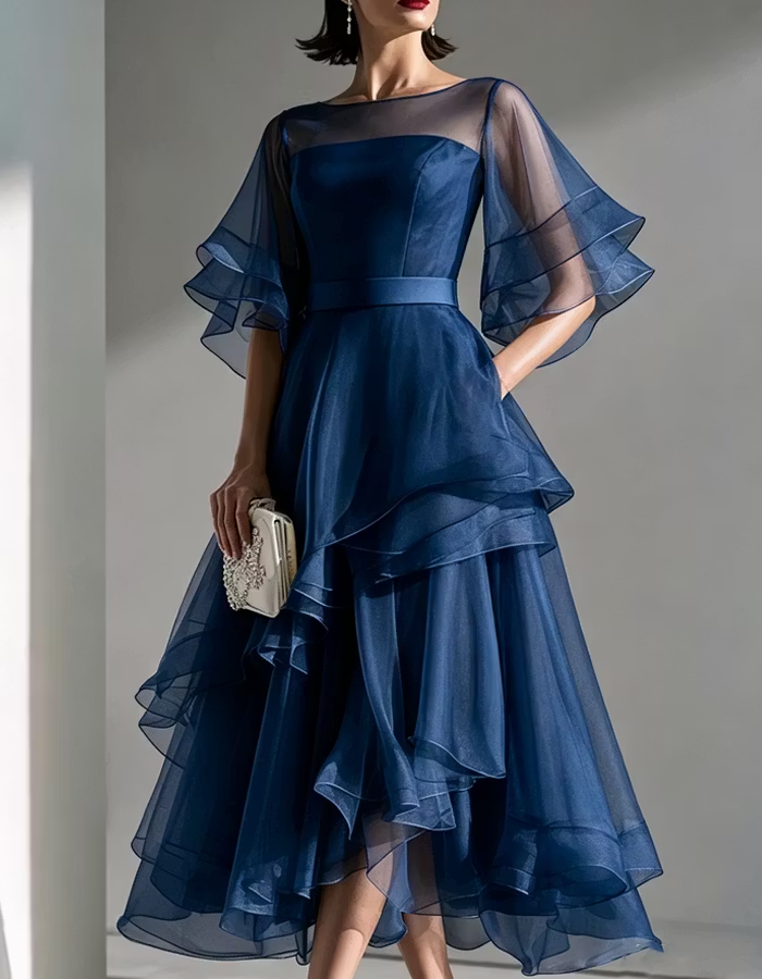 Boat Neckline Layered Flared Three-Quarter Sleeve Midi Dress