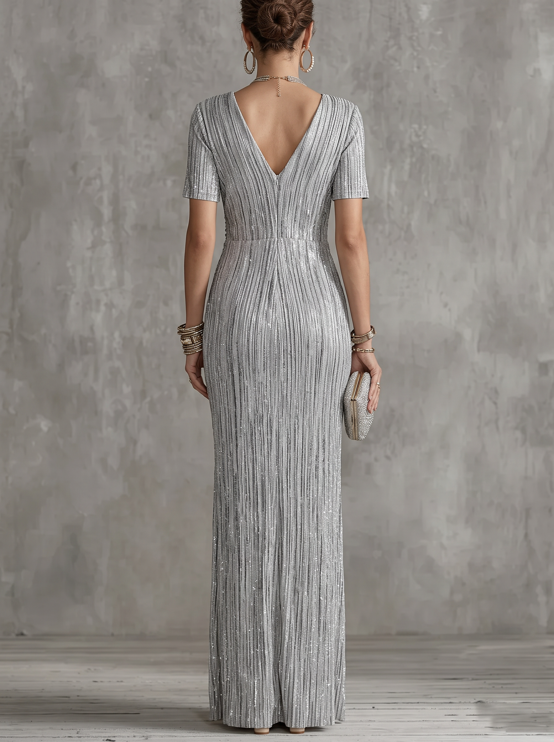 Silver Pleated Glitter Short Sleeve Deep V Split Maxi Dress
