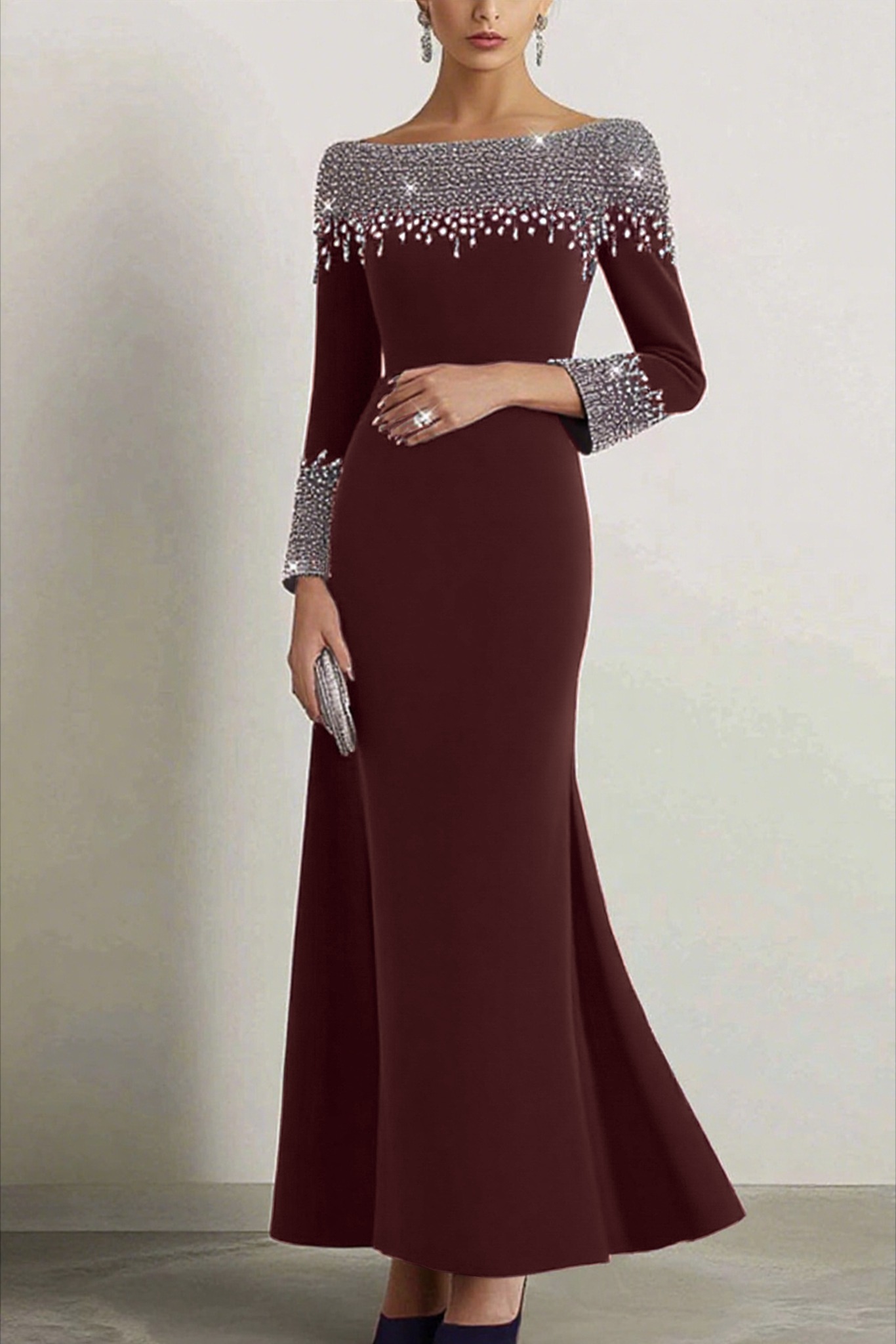 Elegant Dress Navy Boat Neck Rhinestone Maxi Dress Mother of the Bride Dress