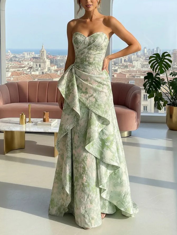 Jacquard A-Line Strapless Formal Dresses with Ruffles