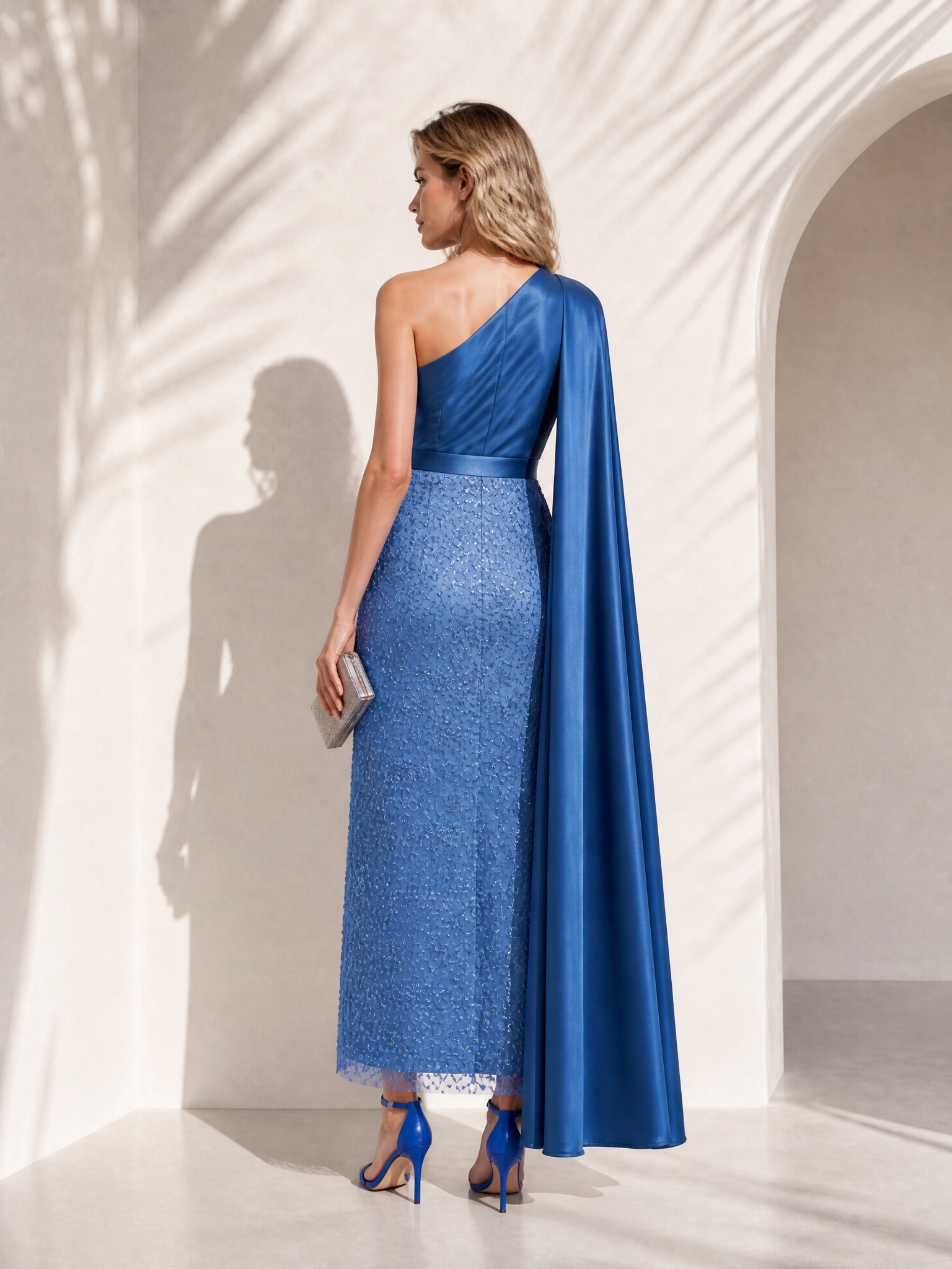Royal Blue Asymmetrical Cape One Shoulder Slit Maxi Evening Gown Dress