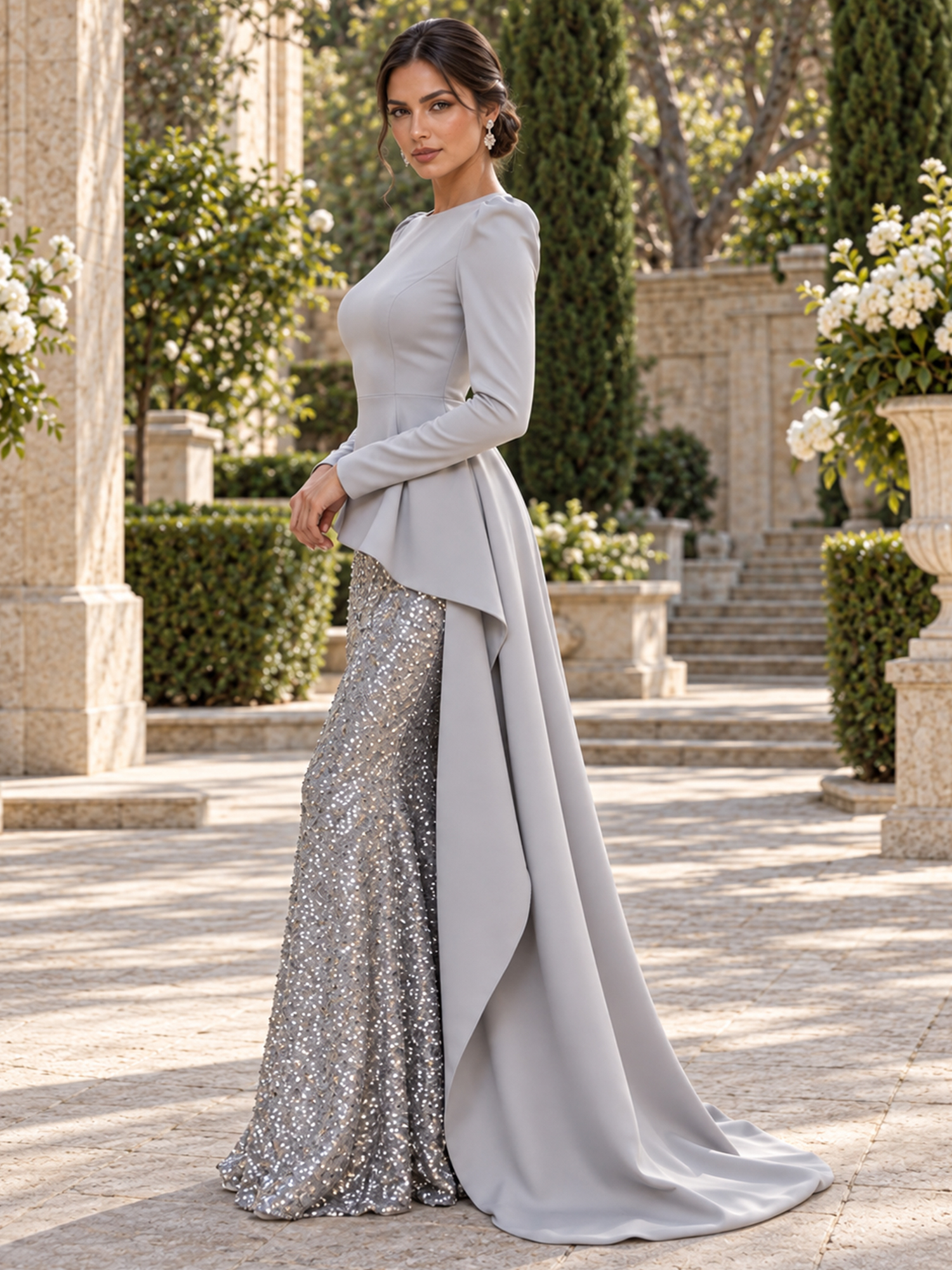 Silver Grey Round Neck Long Sleeve Sequin Embellished Mermaid Maxi Dress