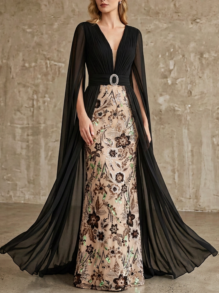 Black and Nude Floral Embroidered V-Neck Cape Sleeve Sheath Floor-Length Gown Dress