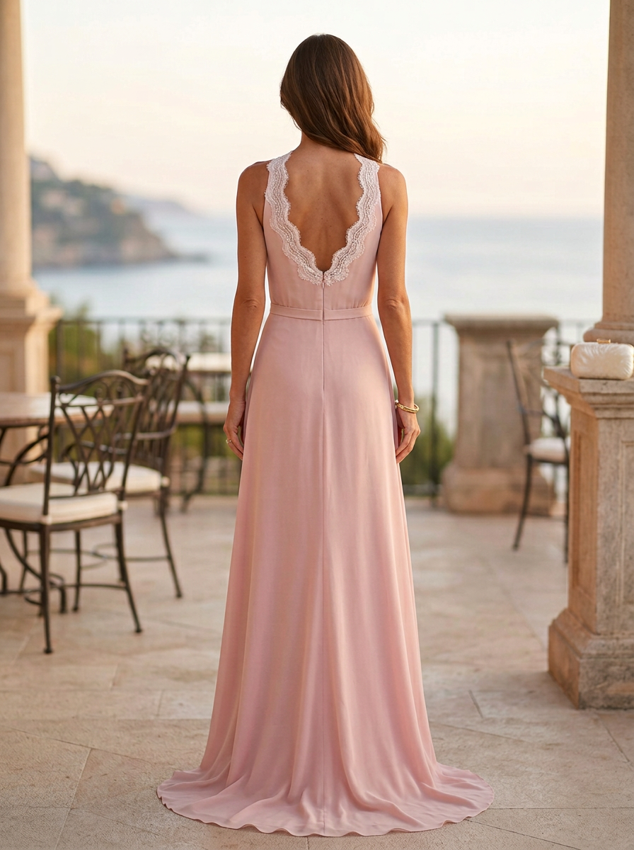 Light Pink Chiffon White Lace Trim Fishtail Maxi Dress