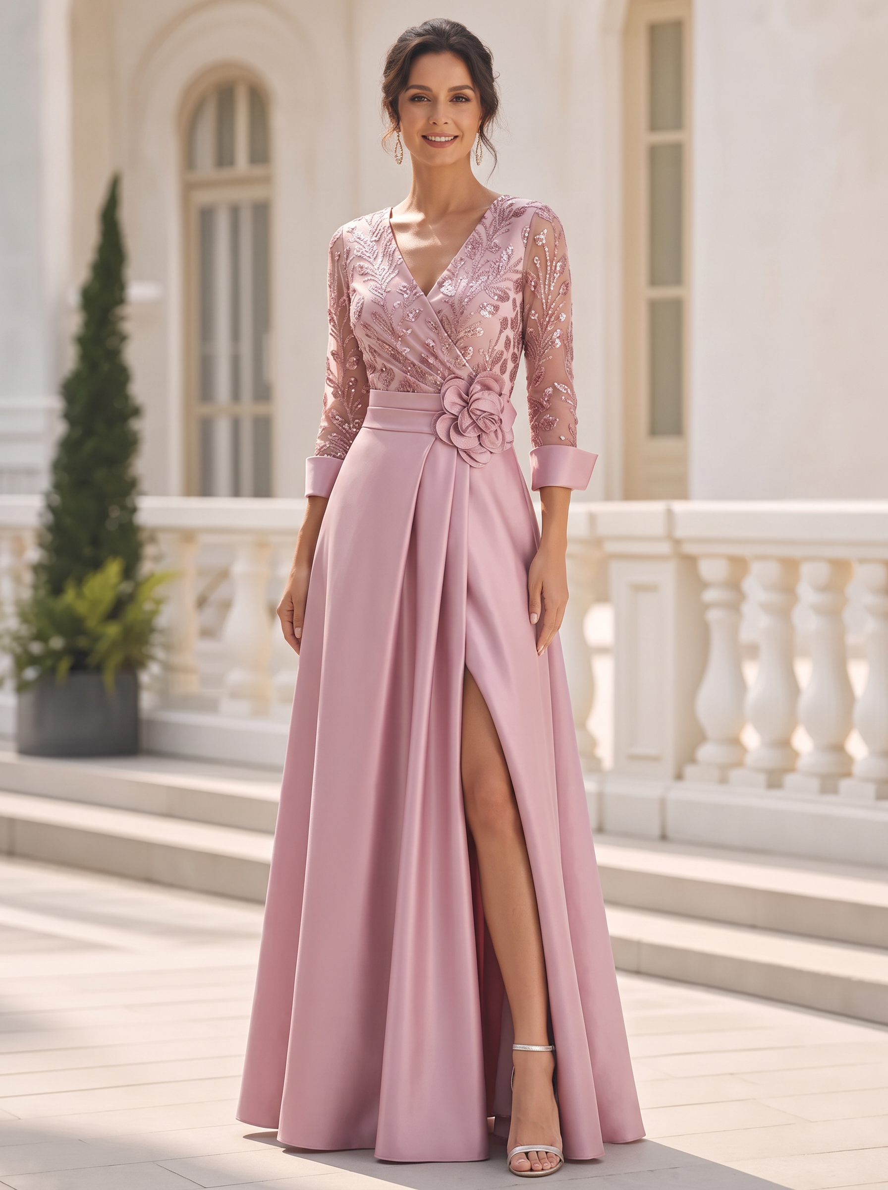 Pink Satin & Sequin V-Neck 3D Floral Maxi Dress